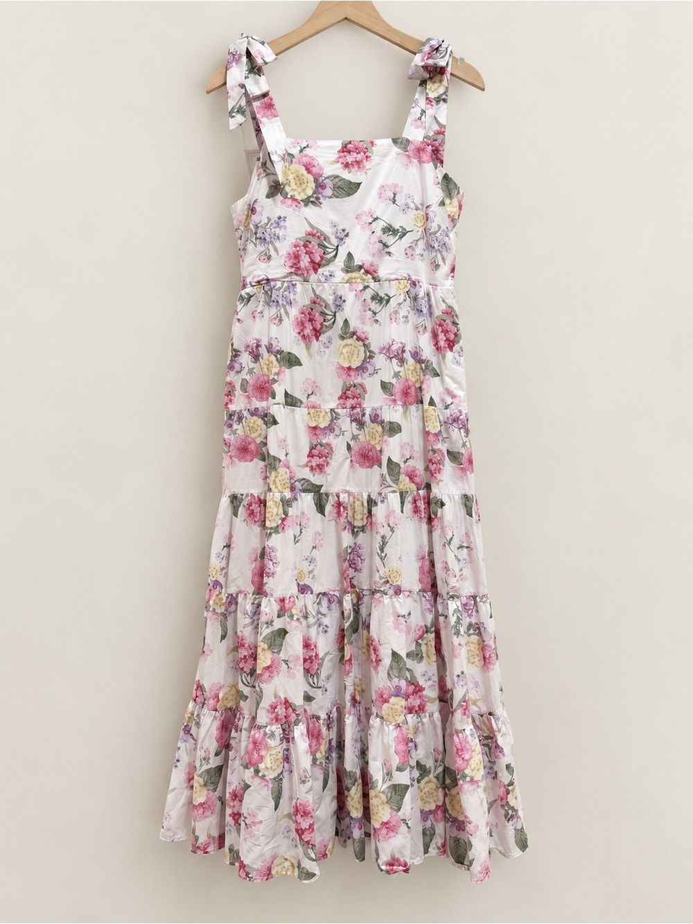 1. State White Floral Tie-Shoulder Maxi Dress with Pink & Yellow Blooms